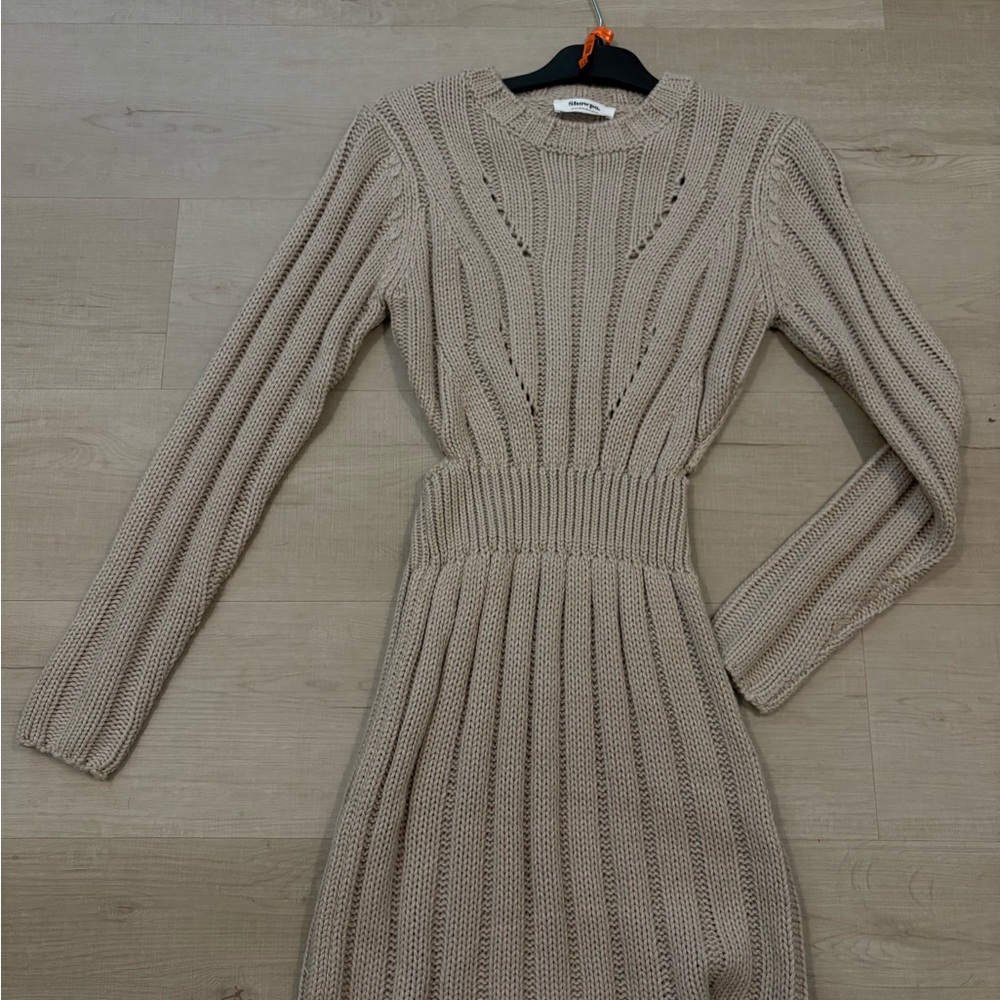 Showpo Beige Ribbed Knit Long Sleeve Dress